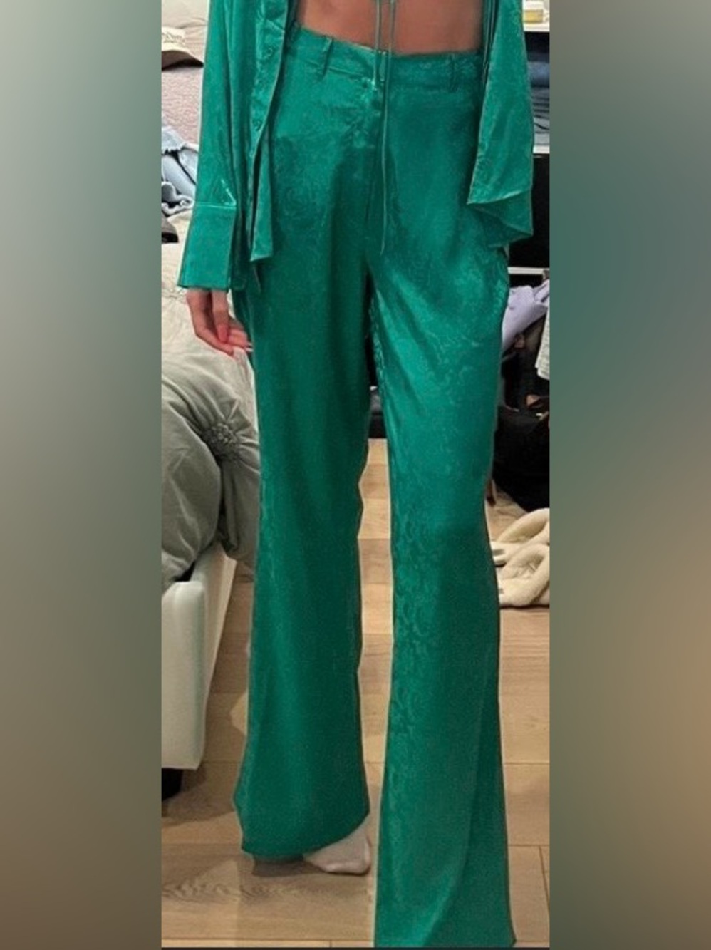12th Tribe St Barths High Waist Green Satin Rose Pattern Jacquard Trousers